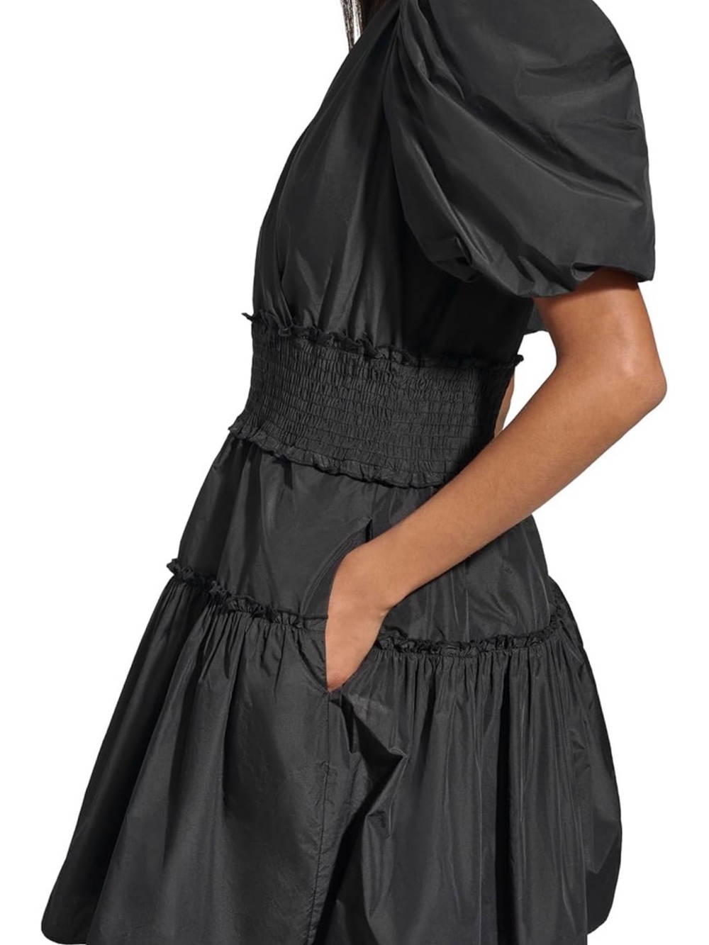Karl Lagerfeld Paris Black Puff Sleeve Cinch Waist Mini Dress - Picture 4 of 5